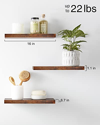 BAYKA Floating Shelves, Wall Mounted Rustic Wood Shelves for Bathroom, Bedroom, Living Room, Kitchen, Small Hanging Shelf for Books/Storage/Room Decor with 22lbs Capacity (Black, Set of 3, 16in)