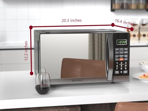 Emerson MW7601SL Compact Countertop Microwave Oven with Sleek Mirrored Finish Door 10 Power Levels, 6 Auto Menus, Glass Turntable and Child Safe Lock, 0.7 Cu. Ft, Silver