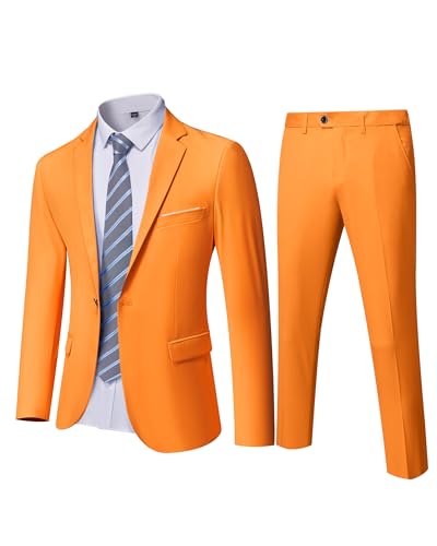 YND Men's Slim Fit 2 Piece Suit, One Button Solid Jacket Pants Set with Tie