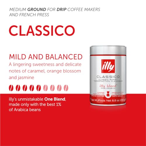 illy Ground Coffee Espresso - 100% Arabica Coffee Ground – Classico Medium Roast - Notes of Caramel, Orange Blossom & Jasmine - Rich Aromatic Profile - Precise Roast - No Preservatives – 8.8 Ounce