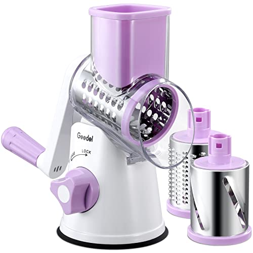 Geedel Rotary Cheese Grater, Kitchen Mandoline Vegetable Slicer with 3 Interchangeable Blades, Easy to Clean Grater for Fruit, Vegetables, Nuts