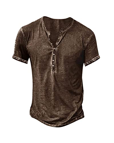 Mens Distressed Henley Shirts Retro Short Sleeve Tee Shirts Casual Button Down Washed T-Shirts for Men