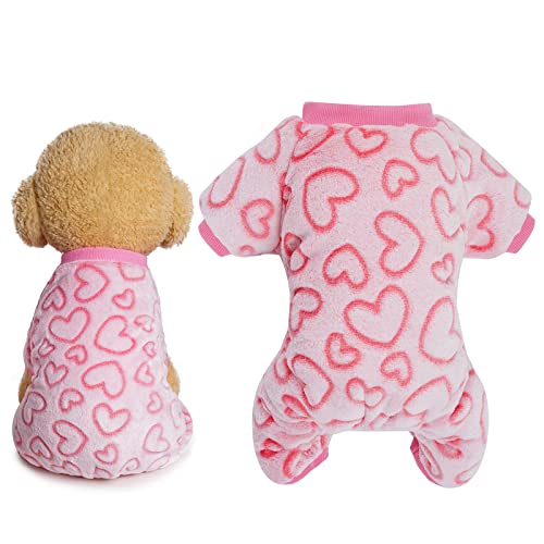 Fleece Dog Pajamas Cute Dog Heart Pajamas Puppy Jumpsuit Pajamas Warm Soft Pet Holiday Clothes for Small Medium Cats and Dogs (Pink, S)