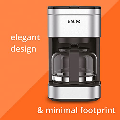 Krups, Coffee Maker, Simply Brew Stainless Steel 5 Cup, Keep Warm Function, Reusable Coffee Filter, Ultra Compact 650 Watts, Drip Free, Cold Brew, Dishwasher Safe Pot, Silver and Black