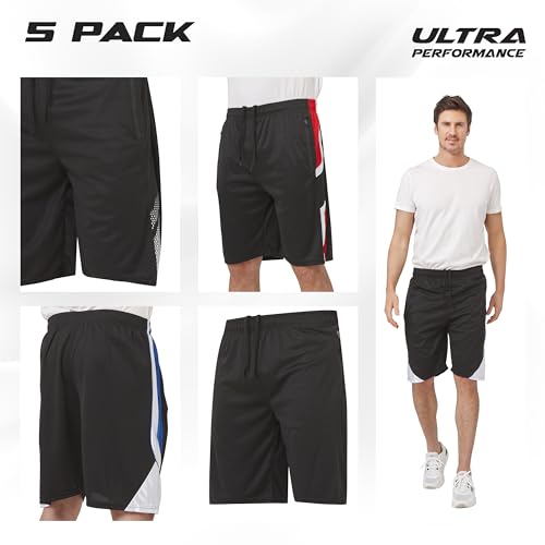 Ultra Performance Mens 5 Pack Athletic Running Shorts, Basketball Gym Workout Shorts for Men with Zippered Pockets