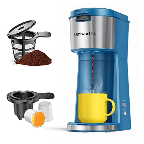 Famiworths Mini Coffee Maker Single Serve, Instant One Cup for K Cup & Ground Coffee, 6 to 12 Oz Brew Sizes, Capsule Coffee Machine with Water Window and Descaling Reminder, Black