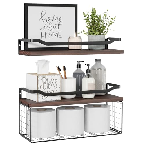 WOPITUES Floating Shelves with Wire Storage Basket, Bathroom Shelves Over Toilet with Protective Metal Guardrail, Wood Wall Shelves for Bathroom, Bedroom, Living Room, Toilet Paper-Black