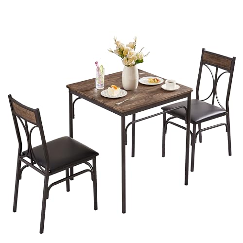 VECELO Kitchen Dining Room Table 2 Chairs for Small Space, Apartment,Metal Steel Frame, 3-Piece Set, Brown