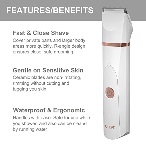 OLOV Bikini Trimmer Women - Wet/Dry Body Shaver Groomer, Replaceable Ceramic Blade Heads, USB Recharge Dock & Nosetrimmer Head Heads, Waterproof Male Hygiene Razor, White