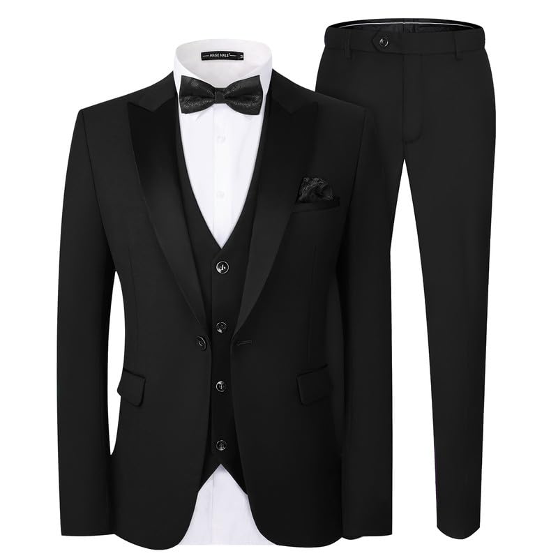 MAGE MALE Men's Slim Fit 3 Piece Suit One Button Solid Shawl Lapel Blazer Jacket Vest Pants Set with Tie Pocket Square