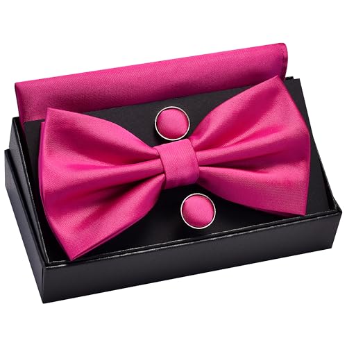 GUSLESON Mens Solid Color Double Fold Pre-tied Bow Tie and Pocket Square Cufflink Set with Gift Box