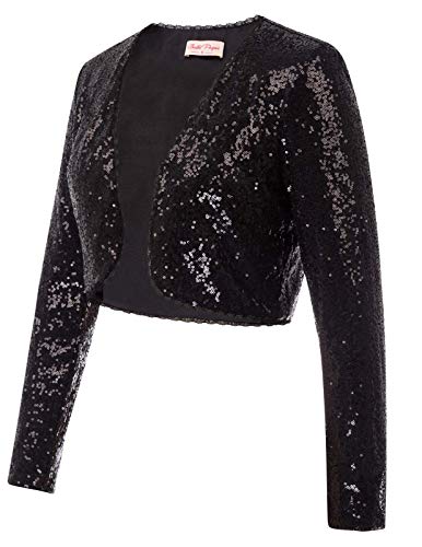 Belle Poque Women's Sequin Jacket Long Sleeve Open Front Glitter Cropped Blazer Bolero Shrug S-XXL