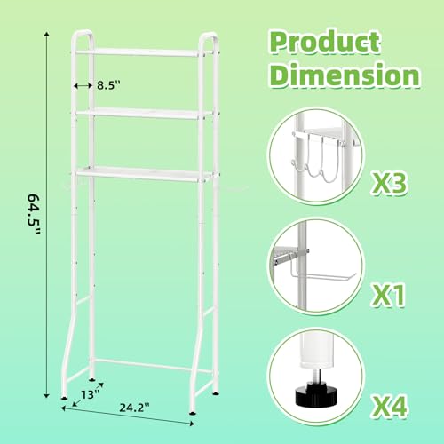 Over The Toilet Storage Rack, Metal 3 Tier Bathroom Organizer Shelf with Paper Holder and 3 Hooks, White