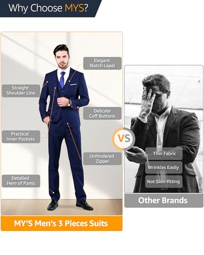 MYS Men's 3 Piece Slim Fit Suit Set, One Button Solid Jacket Vest Pants with Tie