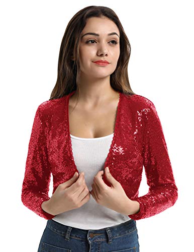 Belle Poque Women's Sequin Jacket Long Sleeve Open Front Glitter Cropped Blazer Bolero Shrug S-XXL