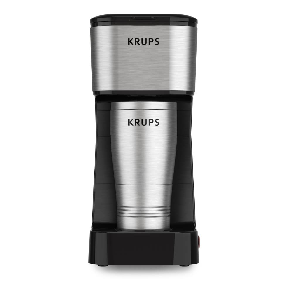 Krups, Coffee Maker, Simply Brew Stainless Steel 5 Cup, Keep Warm Function, Reusable Coffee Filter, Ultra Compact 650 Watts, Drip Free, Cold Brew, Dishwasher Safe Pot, Silver and Black