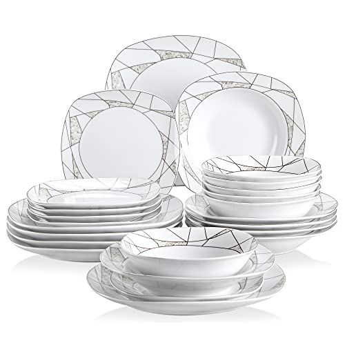 VEWEET, Series Annie, Porcelain Dinnerware Sets for 6, White Dish Set with Pink Floral, 30 PCS Dinner Sets Including Dinner Plates, Dessert Plates, Soup Plates Set, Cups & Saucers