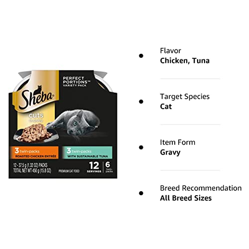 SHEBA Perfect Portions Cuts in Gravy Wet Cat Food Trays (24 Count, 48 Servings), Roasted Chicken, Gourmet Salmon and Tender Turkey Entrée Variety Pack, Easy Peel Twin-Pack Trays