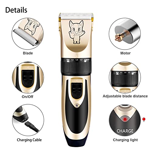 Dog Grooming Kit Clippers, Low Noise, Electric Quiet, Rechargeable, Cordless, Pet Hair Thick Coats Clippers Trimmers Set, Suitable for Dogs, Cats, and Other Pets (Gold)