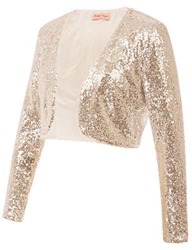 Belle Poque Women's Sequin Jacket Long Sleeve Open Front Glitter Cropped Blazer Bolero Shrug S-XXL