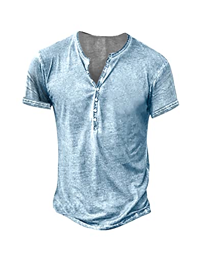 Mens Distressed Henley Shirts Retro Short Sleeve Tee Shirts Casual Button Down Washed T-Shirts for Men