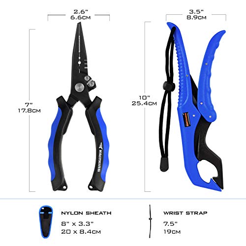 KastKing Fishing Pliers, Fish Lip Gripper or Fish Scale Combo Saltwater Resistant Fishing Tools, Fishing Gear with Rubber Handle, Lanyard, Line Cutter Hook Remover with Sheath, Ice Fishing Gift Men