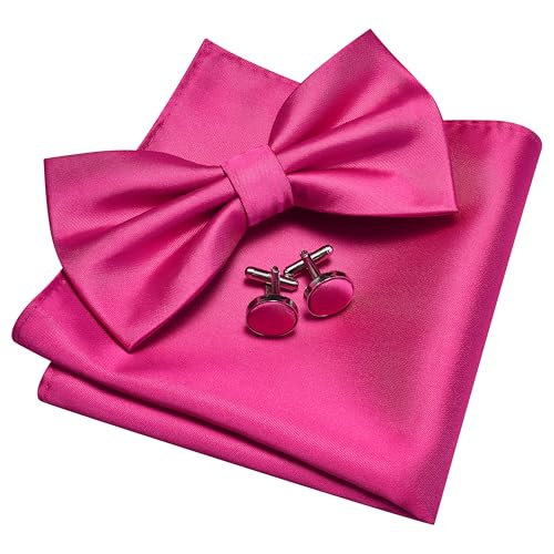 GUSLESON Mens Solid Color Double Fold Pre-tied Bow Tie and Pocket Square Cufflink Set with Gift Box