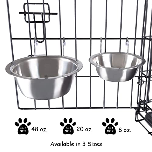 Set of 2 Stainless-Steel Dog Bowls - Cage, Kennel, and Crate Hanging Pet Bowls for Food and Water - 8oz Each and Dishwasher Safe by PETMAKER, Silver