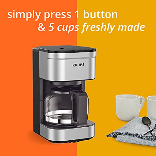 Krups, Coffee Maker, Simply Brew Stainless Steel 5 Cup, Keep Warm Function, Reusable Coffee Filter, Ultra Compact 650 Watts, Drip Free, Cold Brew, Dishwasher Safe Pot, Silver and Black