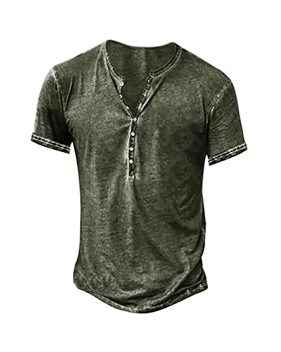 Mens Distressed Henley Shirts Retro Short Sleeve Tee Shirts Casual Button Down Washed T-Shirts for Men