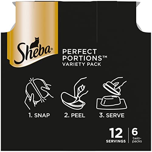 SHEBA Perfect Portions Cuts in Gravy Wet Cat Food Trays (24 Count, 48 Servings), Roasted Chicken, Gourmet Salmon and Tender Turkey Entrée Variety Pack, Easy Peel Twin-Pack Trays