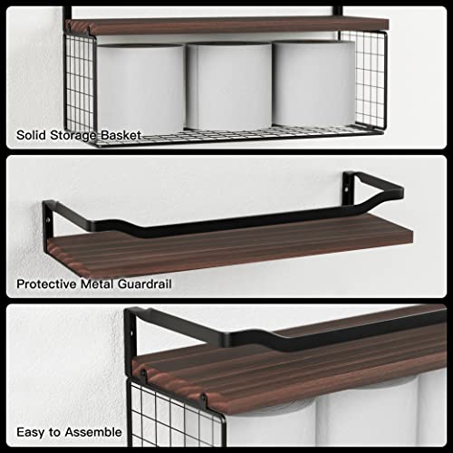 WOPITUES Floating Shelves with Wire Storage Basket, Bathroom Shelves Over Toilet with Protective Metal Guardrail, Wood Wall Shelves for Bathroom, Bedroom, Living Room, Toilet Paper-Black