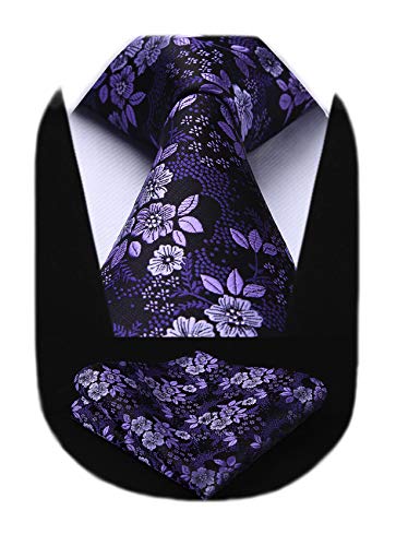 HISDERN Men Floral Ties Woven Classic 3.4" Necktie Set Formal tie Pocket Square for Wedding with Handkerchief Gift Box