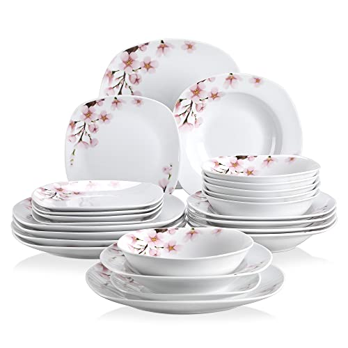 VEWEET, Series Annie, Porcelain Dinnerware Sets for 6, White Dish Set with Pink Floral, 30 PCS Dinner Sets Including Dinner Plates, Dessert Plates, Soup Plates Set, Cups & Saucers