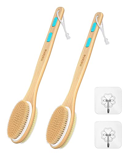 Metene Shower Brush with Soft and Stiff Bristles, Bath Dual-Sided Long Handle Back Scrubber Body Exfoliator for Wet or Dry Brushing