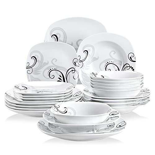 VEWEET, Series Annie, Porcelain Dinnerware Sets for 6, White Dish Set with Pink Floral, 30 PCS Dinner Sets Including Dinner Plates, Dessert Plates, Soup Plates Set, Cups & Saucers