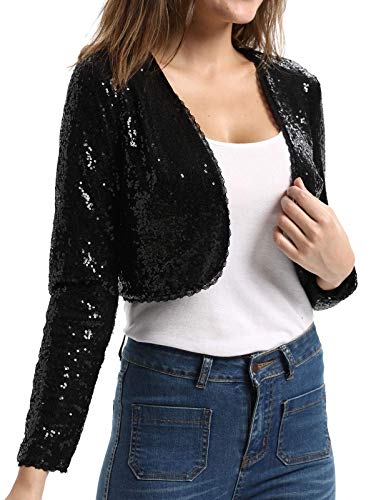 Belle Poque Women's Sequin Jacket Long Sleeve Open Front Glitter Cropped Blazer Bolero Shrug S-XXL