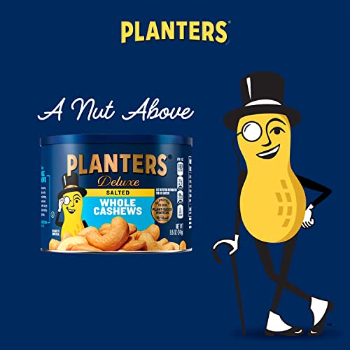 PLANTERS Deluxe Lightly Salted Whole Cashews, Party Snacks, Plant-Based Protein, Quick Snack for Adults, After School Snack, Roasted Cashew, Flavored with Sea Salt, Kosher, 1lb 2.25oz Canister