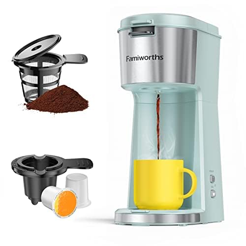 Famiworths Mini Coffee Maker Single Serve, Instant One Cup for K Cup & Ground Coffee, 6 to 12 Oz Brew Sizes, Capsule Coffee Machine with Water Window and Descaling Reminder, Black