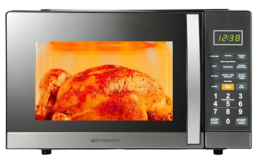 Emerson MW7601SL Compact Countertop Microwave Oven with Sleek Mirrored Finish Door 10 Power Levels, 6 Auto Menus, Glass Turntable and Child Safe Lock, 0.7 Cu. Ft, Silver