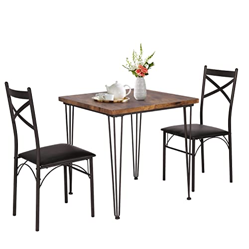 VECELO 5-Piece Table Home Kitchen Small Space Breakfast Nook, 4 Faux Leather Metal Frame Chairs, Dining Set for 4, Retro Brown