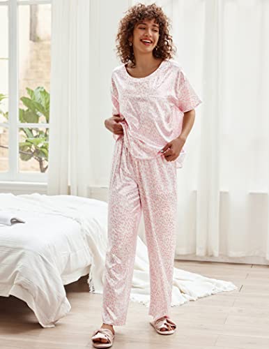 Ekouaer Womens Satin Silky Pajama Set Short Sleeve Shirt with Long Pajama Pant Set Soft PJ Loungewear