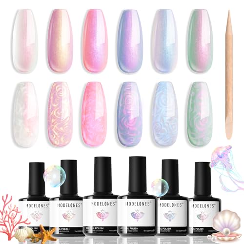 Modelones Pearl Gel Nail Polish Set, 6 Colors Aurora Iridescent Shimmer White Pink Purple Mermaid Nail Drawing Gel Polish Soak Off Led Summer Glitter Nail Gel Polish Swirl Shell Thread Effect DIY Gift