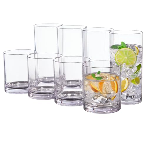 US Acrylic Classic Clear Plastic Reusable Drinking Glasses (Set of 8) 12oz Rocks & 16oz Water Cups | BPA-Free Tumblers, Made in USA | Top-Rack Dishwasher Safe