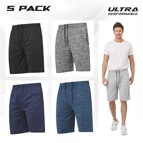 Ultra Performance Mens 5 Pack Athletic Running Shorts, Basketball Gym Workout Shorts for Men with Zippered Pockets