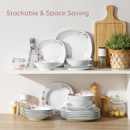 VEWEET, Series Annie, Porcelain Dinnerware Sets for 6, White Dish Set with Pink Floral, 30 PCS Dinner Sets Including Dinner Plates, Dessert Plates, Soup Plates Set, Cups & Saucers