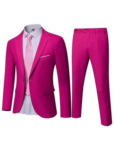 YND Men's Slim Fit 2 Piece Suit, One Button Solid Jacket Pants Set with Tie