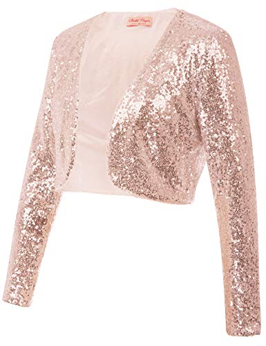 Belle Poque Women's Sequin Jacket Long Sleeve Open Front Glitter Cropped Blazer Bolero Shrug S-XXL