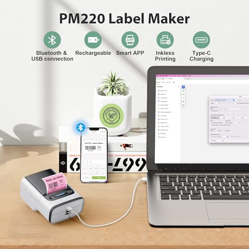 Label Maker Machine with Tape, PM220 Bluethooth Label Printer, Portable Thermal Printer for Small Business, Address, Logo, Clothing, Mailing, Sticker Printer for Phones & PC, White