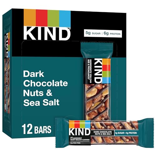 KIND Bars, Dark Chocolate Nuts and Sea Salt, Healthy Snacks, Gluten Free, Low Sugar, 6g Protein, 12 Count